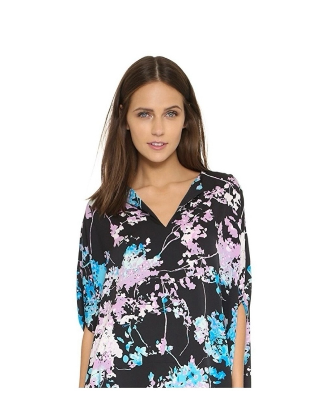 DIANE VON FURSTENBERG DVF Sz L Kora Silk Top Black Floral Print V Neck EUC